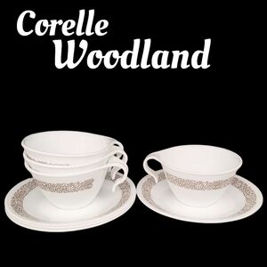 4 Vintage corelle corning woodland brown open handle mugs & saucers
